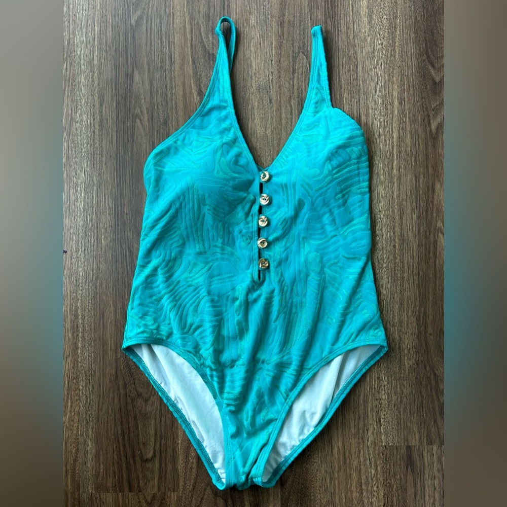 ST. JOHN SWIM Teal Textured V-Neck One Piece Henley Swimsuit Luxury Designer 10 - Picture 3 of 14